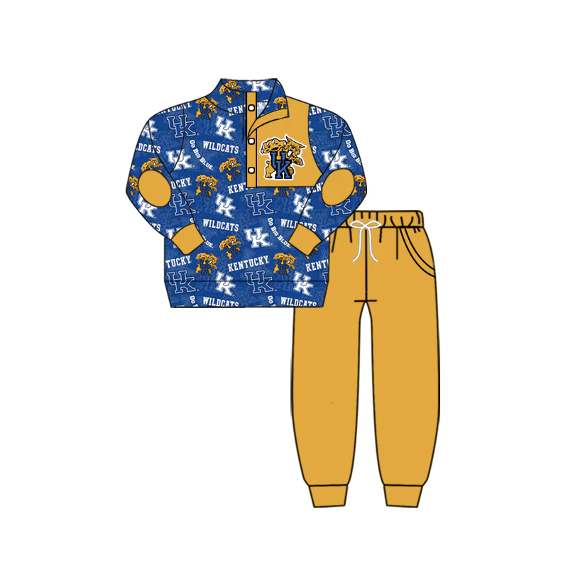 (Custom Design MOQ 5) Blue football team's print button pullover shirts pants boys fall clothes set