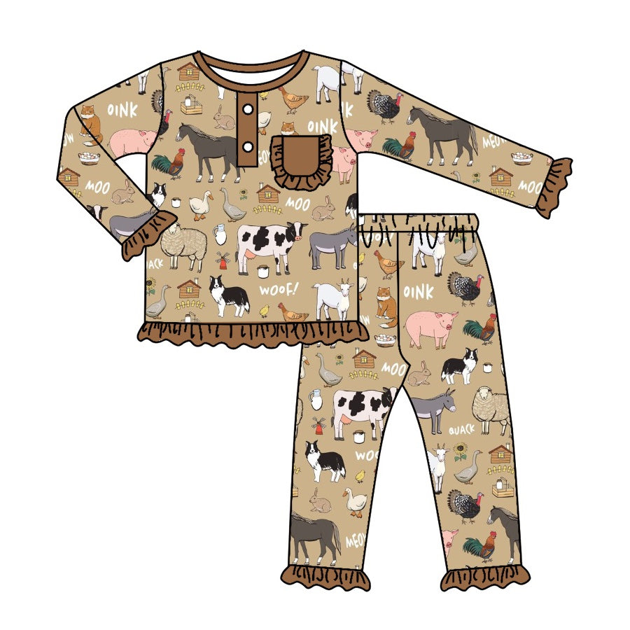 (Custom Design MOQ 5) Brown Farm Animals Girls Pajamas Clothes Set