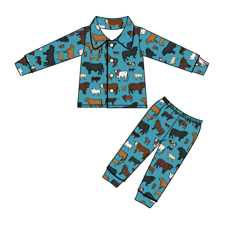 (Custom Design MOQ 5) Kids Blue Cow Western Fall Button Pajamas Girls Clothes Set