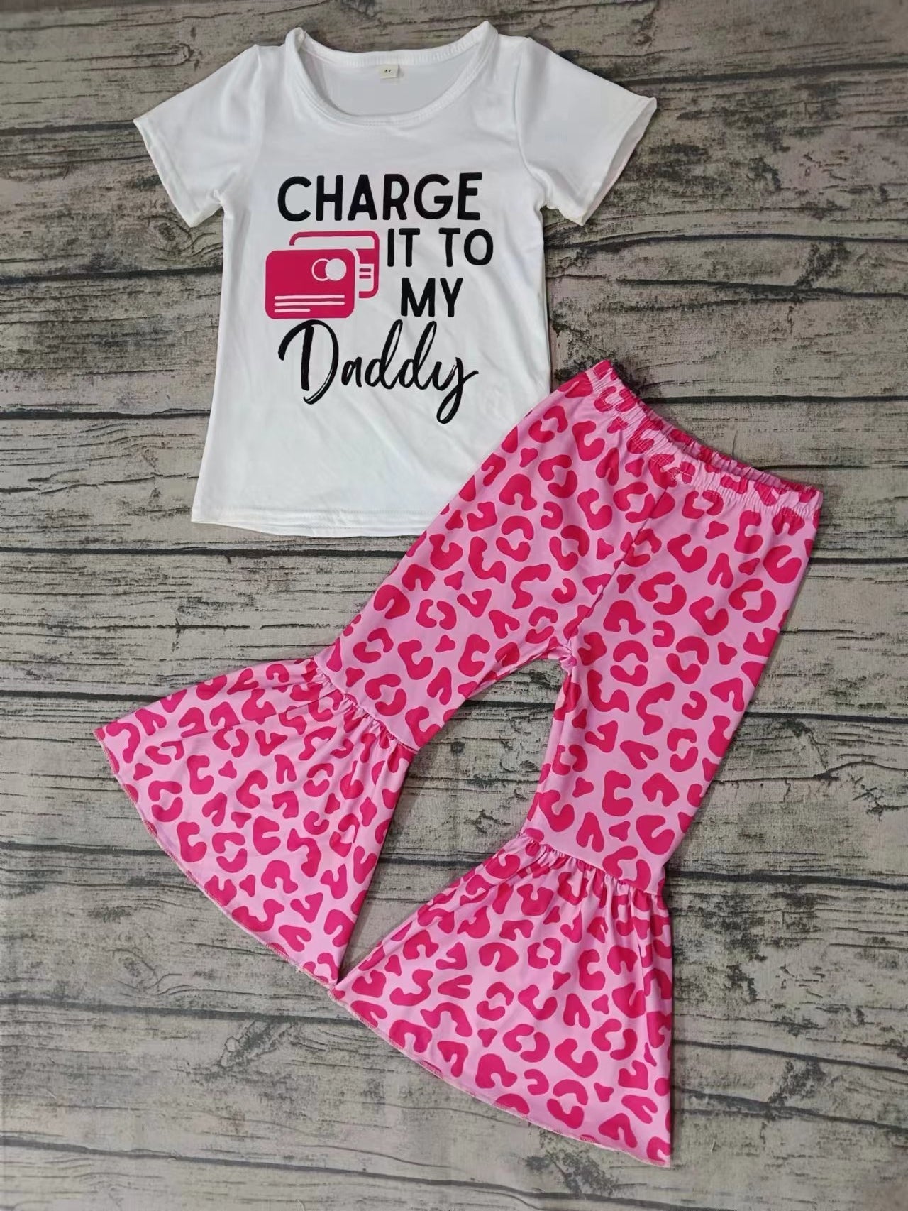 (Custom Design MOQ 5) Charge it to my Daddy Leopard Bell Pants Girls Clothes Set