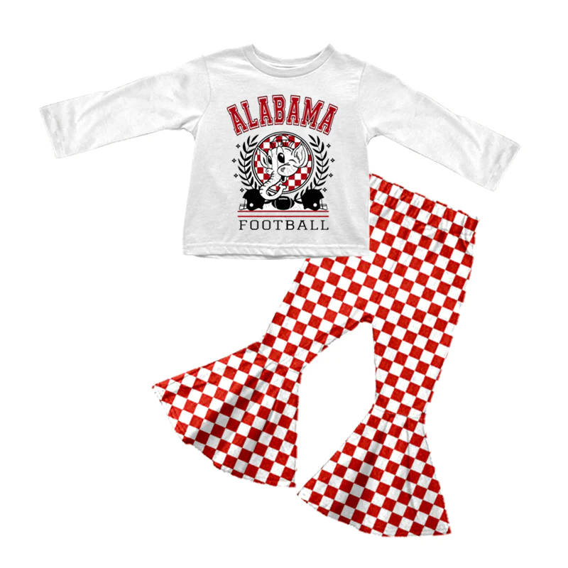 (Custom Design MOQ 5) Alabama Top Plaid Bell Pants Football Team's Girls Clothes Set