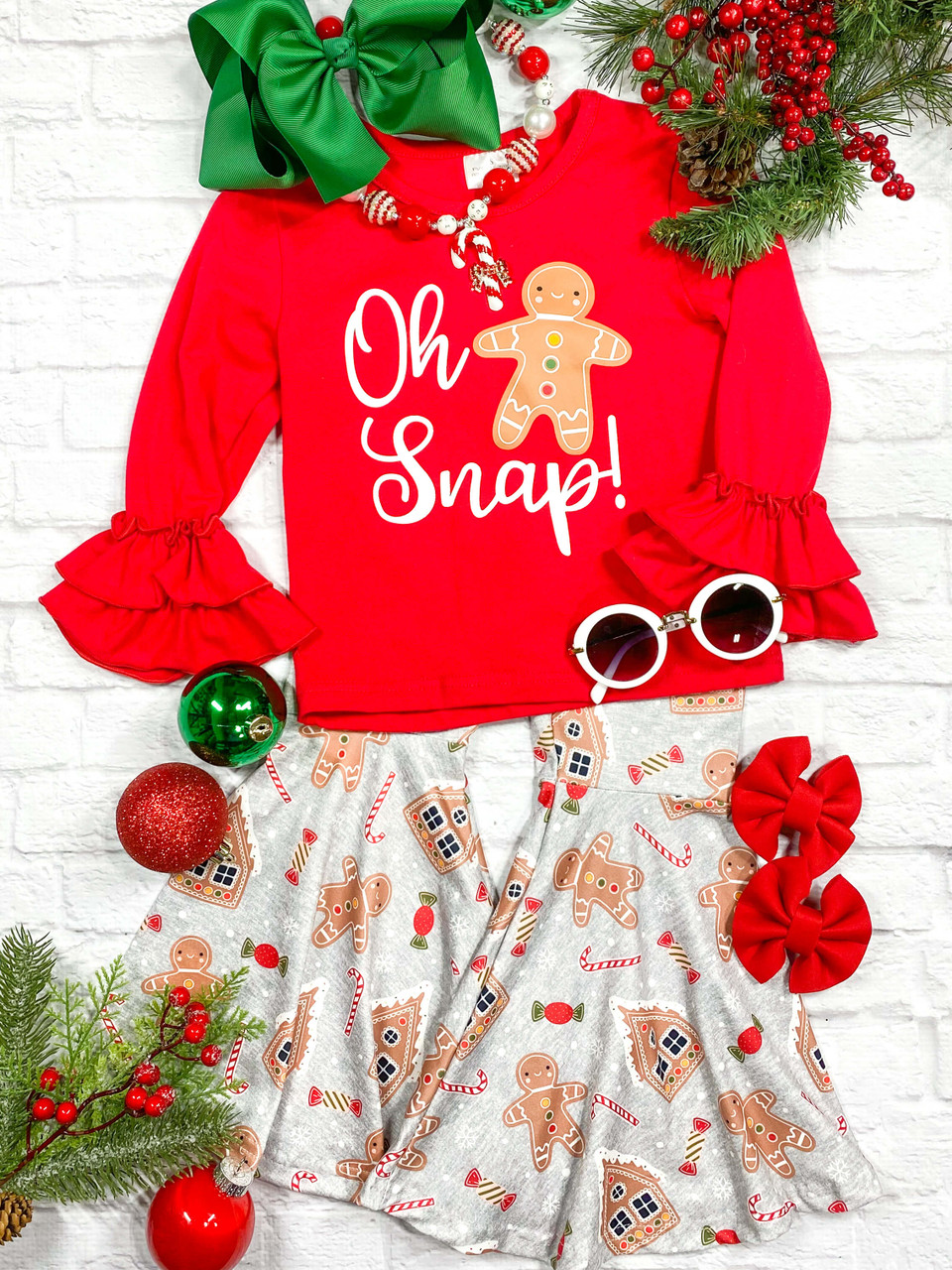 (Custom Design MOQ 5) Gingerbread Print Girls Christmas Clothes Set