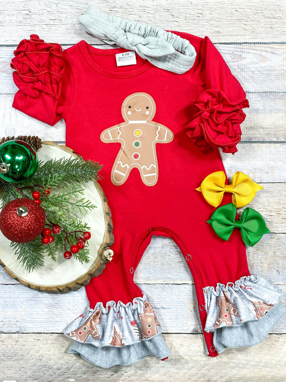 (Custom Design MOQ 5) Gingerbread Print Baby Girls Christmas Romper