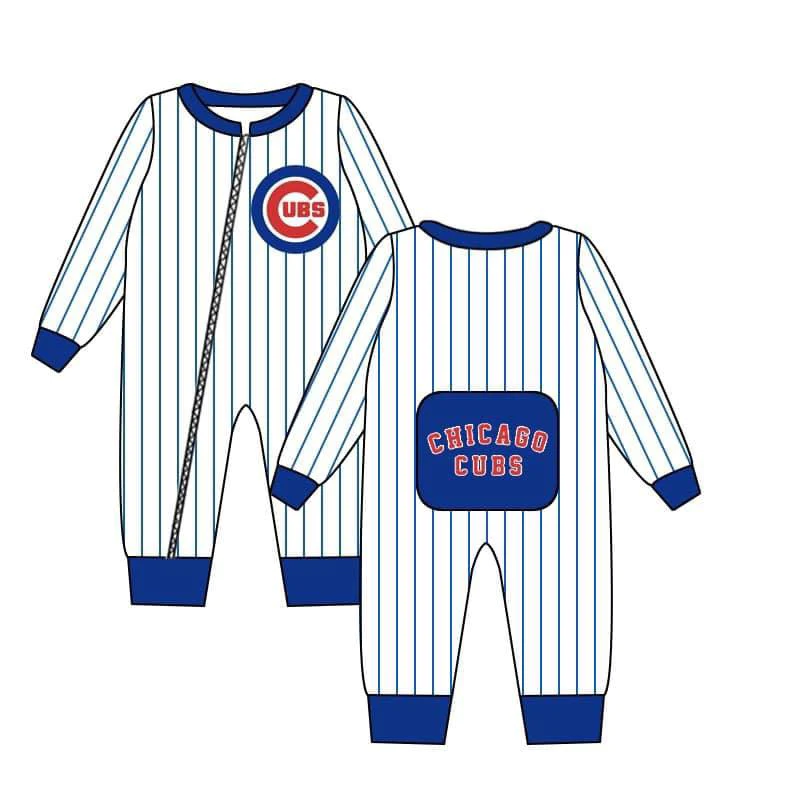 (Custom Design MOQ 5) Blue Football Team's Print Baby Boys Zipper Romper