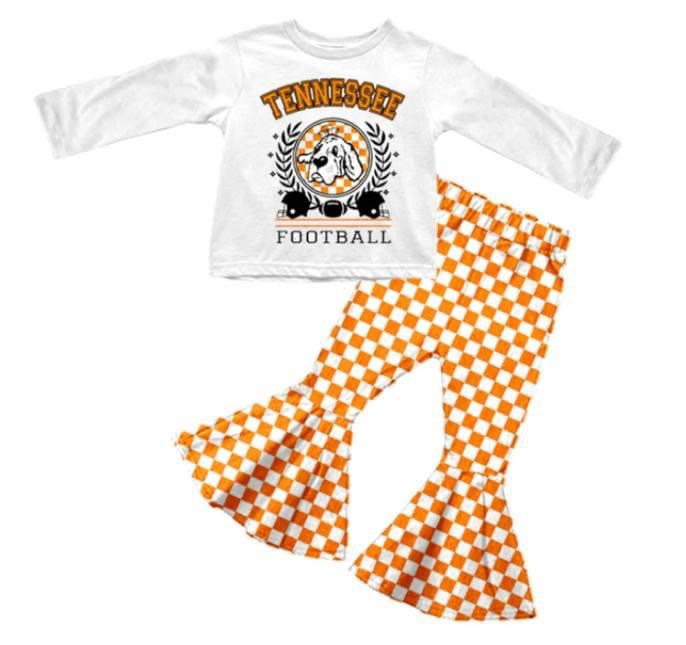 (Custom Design MOQ 5) Football Team's Orange Plaid Bell Pants Girls Clothes Set