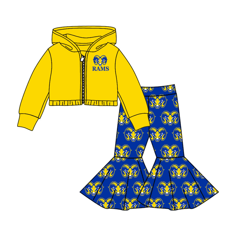 (Custom Design MOQ 5) Football team's Blue bell pants yellow hoodie jacket top girls clothes set