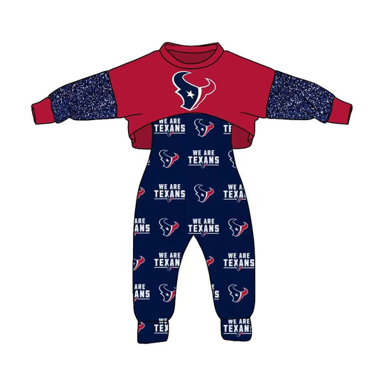 (Custom Design MOQ 5)  Football Team's HOUSTON TEXANS Print Girls Jumpsuits Clothes Set