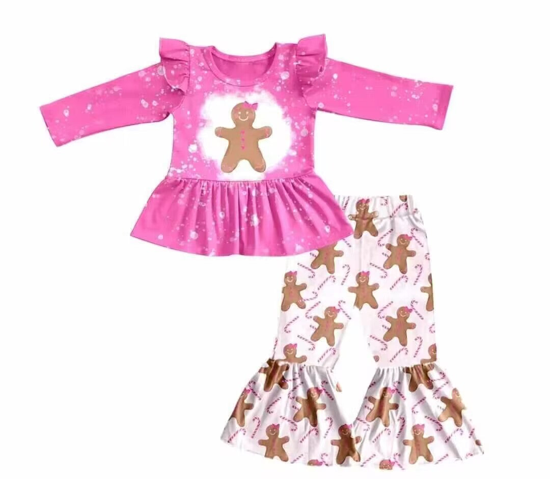 (Custom Design Preorder MOQ 5)Gingerbread Print Girls Christmas Clothes Set