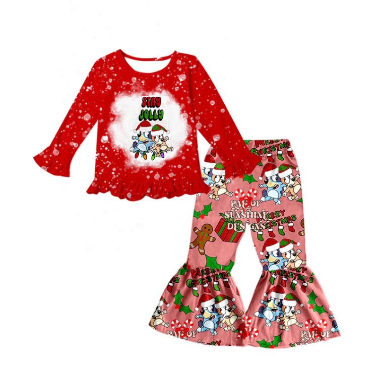 (Custom Design Preorder MOQ 5)Red Cartoon Dog Gingerbread Print Girls Christmas Clothes Set
