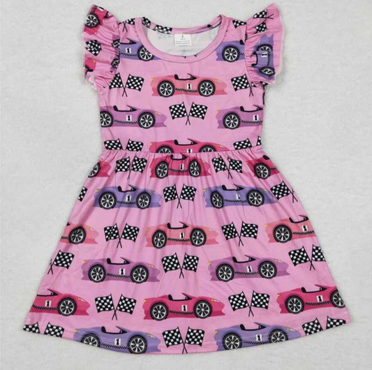 (Promotion)G2-14;. Flutter Sleeve Pink Car Print Dress