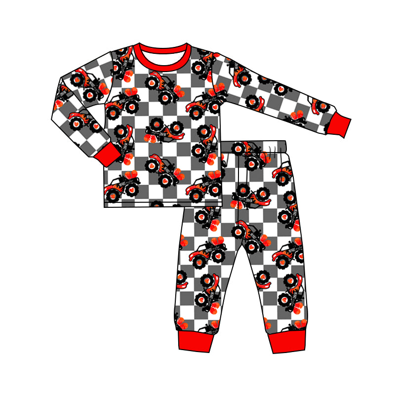 (Custom Design Preorder MOQ 5)Heart Truck Grey Plaid Print Boys Pajamas Valentine's Clothes Set
