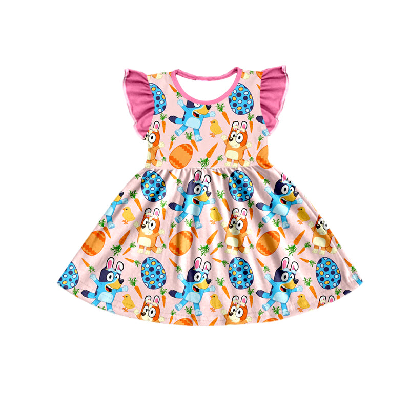 (Custom Design Preorder MOQ 5) Cartoon Dog Egg Carrot Pink Print Girls Easter Knee Length Dress