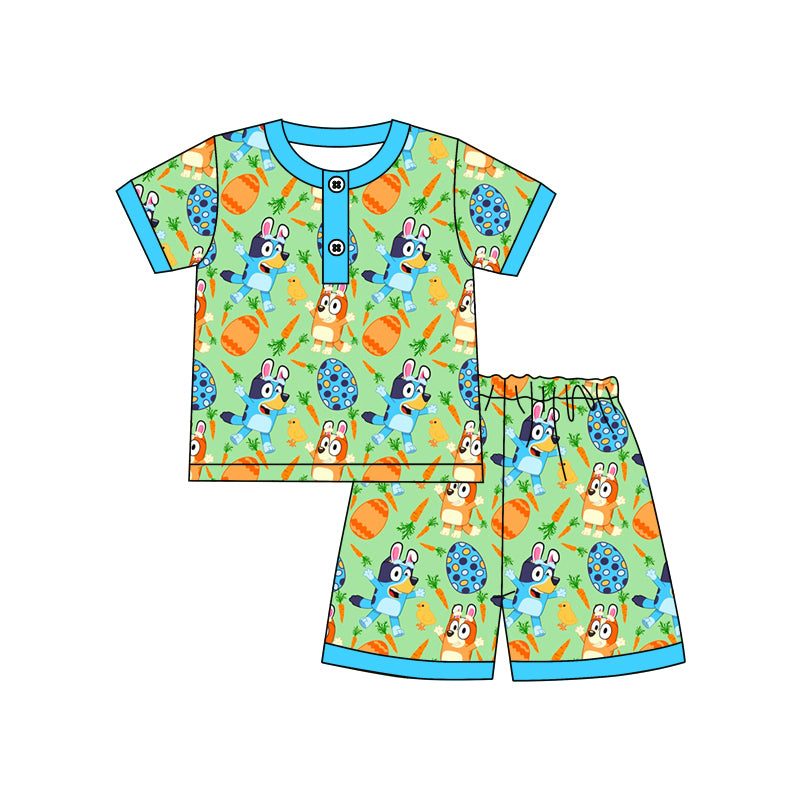 (Custom Design Preorder MOQ 5) Cartoon Dog Egg Carrot Green Print Boys Easter Shorts Pajamas Clothes Set