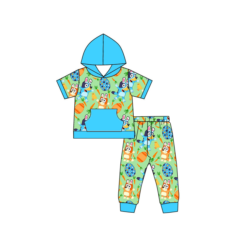 (Custom Design Preorder MOQ 5) Cartoon Dog Egg Carrot Green Print Boys Hoodie Easter Clothes Set