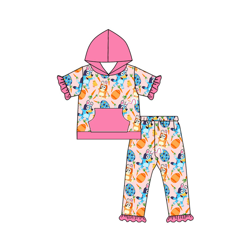 (Custom Design Preorder MOQ 5) Cartoon Dog Egg Carrot Pink Print Girls Hoodie Easter Clothes Set