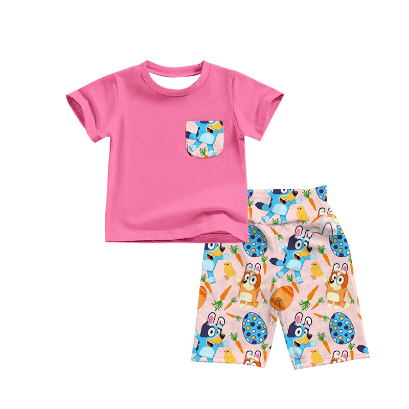 (Custom Design Preorder MOQ 5) Cartoon Dog Egg Carrot Pink Print Girls Easter Shorts Clothes Set