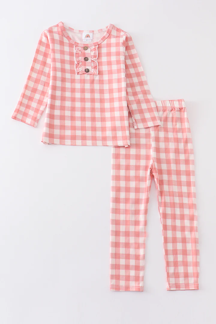 (Custom Design Preorder MOQ 5) Pink Plaid Print Girls Pajamas Clothes Set