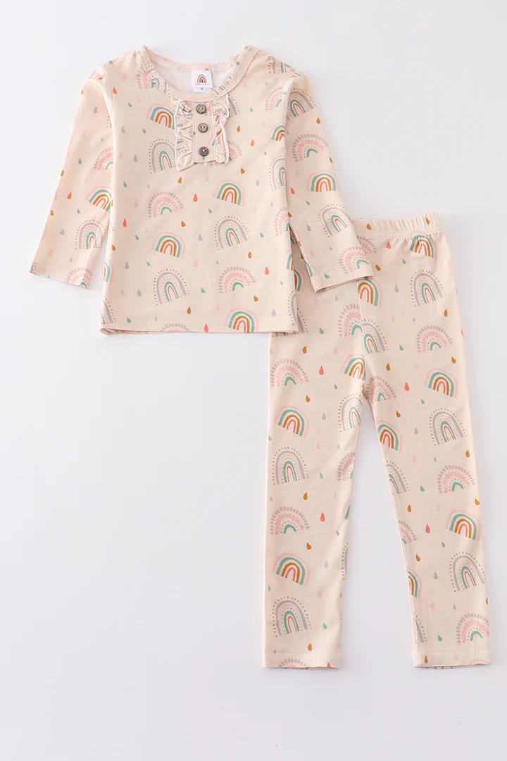 (Custom Design Preorder MOQ 5) Rainbow Print Girls Pajamas Clothes Set