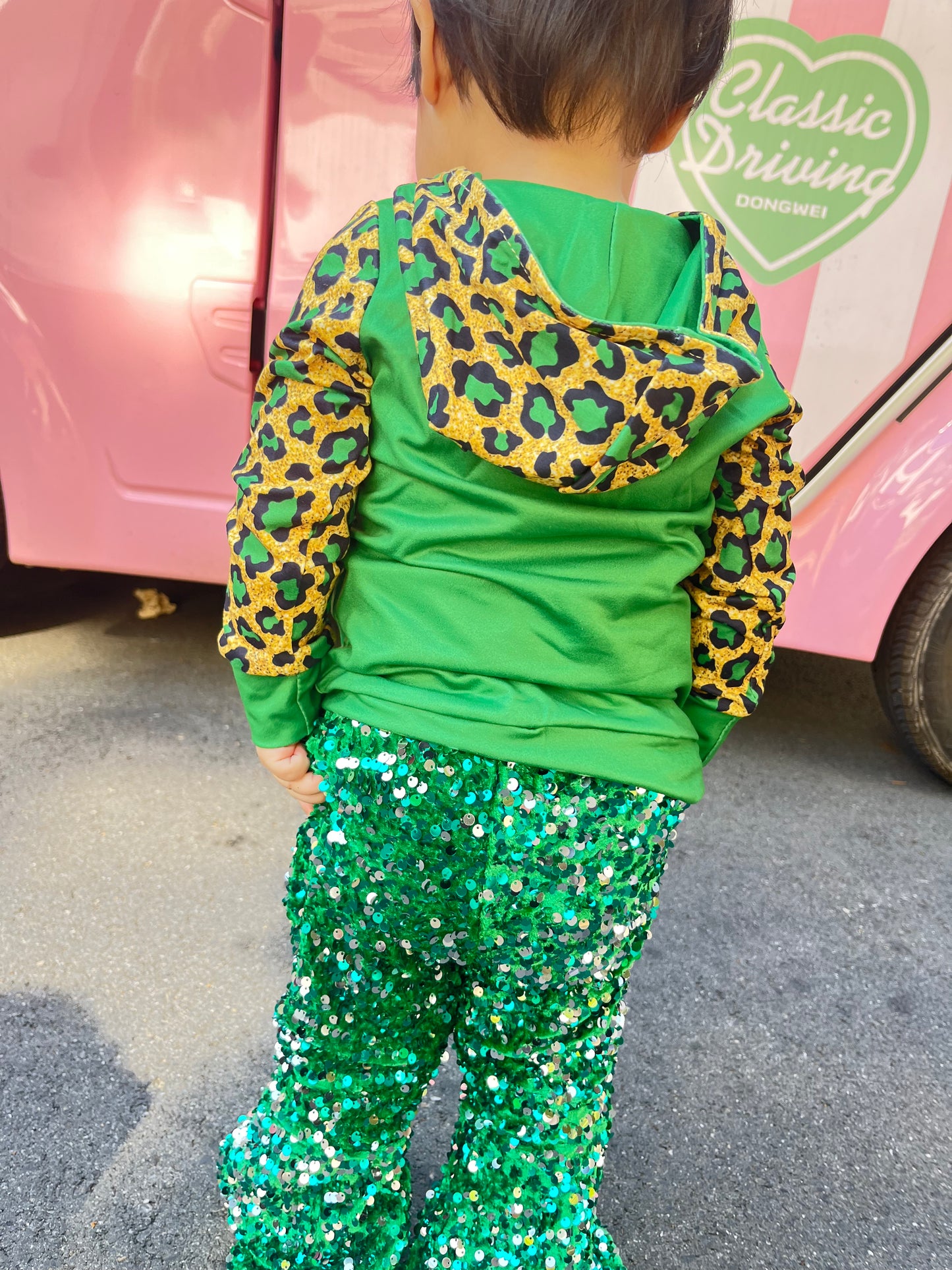 GLP1023 Green Quatrefoil Leopard Hoodie Top Sequin Bell Pants Girls St. Patrick's Clothes Sets