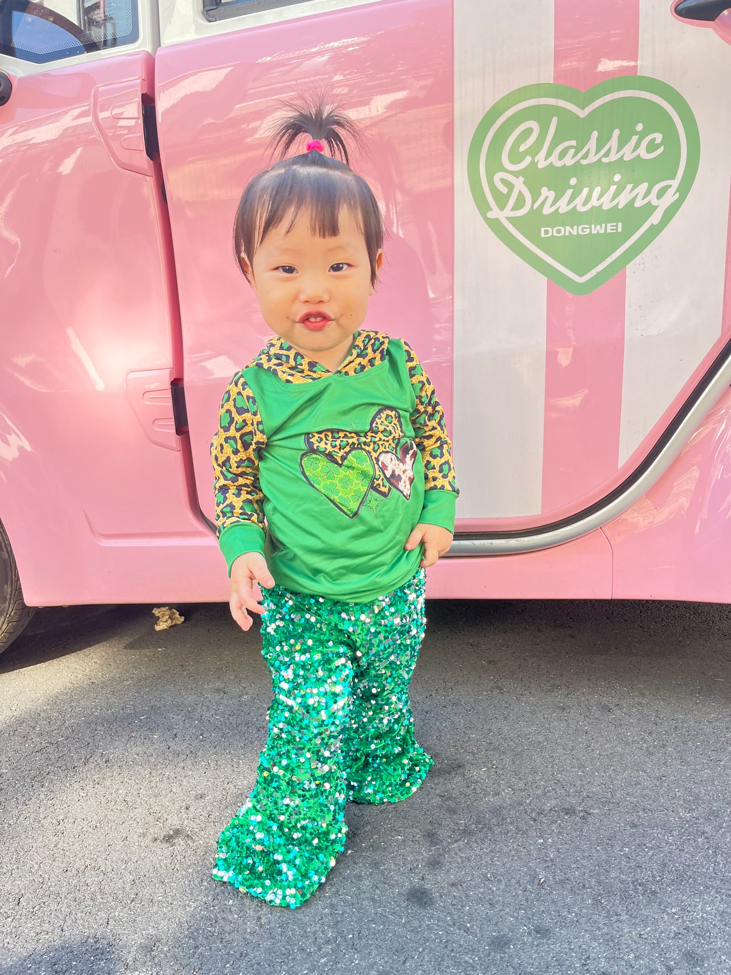 GLP1023 Green Quatrefoil Leopard Hoodie Top Sequin Bell Pants Girls St. Patrick's Clothes Sets