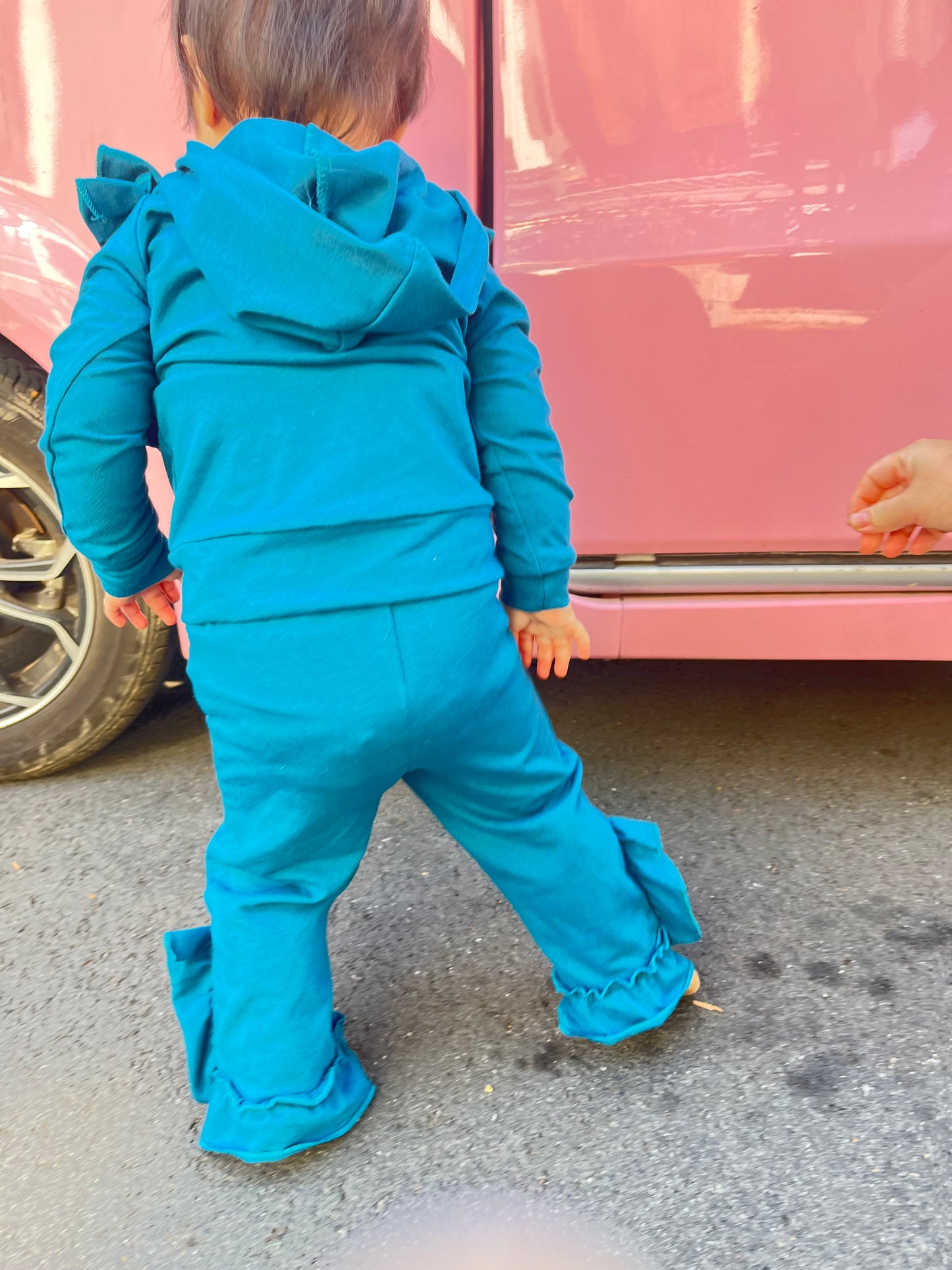 GLP0895 Dark Blue Cotton Ruffles Girls Hoodie Clothes Set