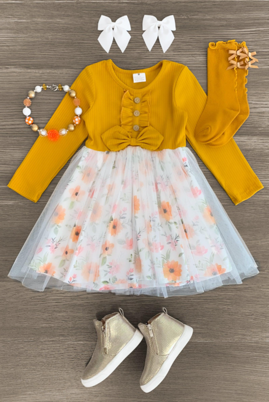 (Custom Design Preorder MOQ 5) Mustard Flowers Print Girls Tulle Knee Length Dress