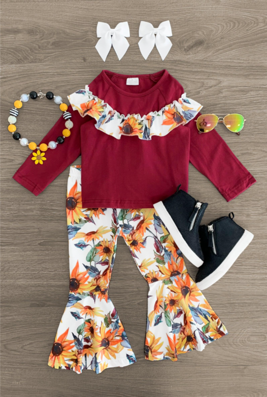 (Custom Design Preorder MOQ 5) Wine Ruffle Top Sunflowers Bell Pants Girls Clothes Set