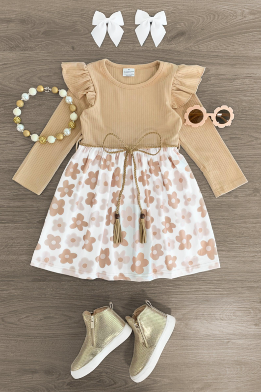 (Custom Design Preorder MOQ 5) Khaki Flowers Print Girls Knee Length Dress