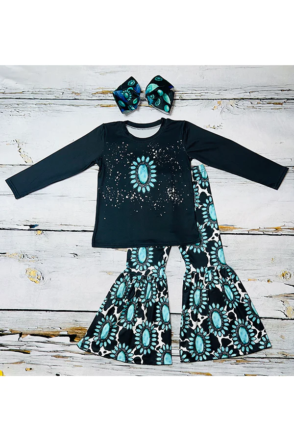 (Custom Design Preorder MOQ 5) Turquoise Print Girls Western Clothes Set