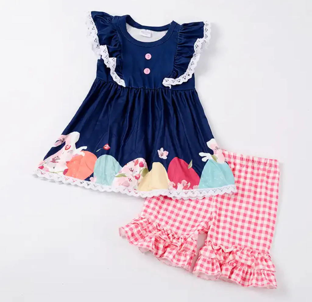 (Custom Design Preorder MOQ 5) Colorful Egg Print Tunic Top Pink Plaid Shorts Girls Easter Clothes Set