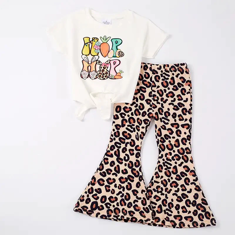 (Custom Design Preorder MOQ 5)HOP HOP Bunny Top Leopard Bell Pants Girls Easter Clothes Set