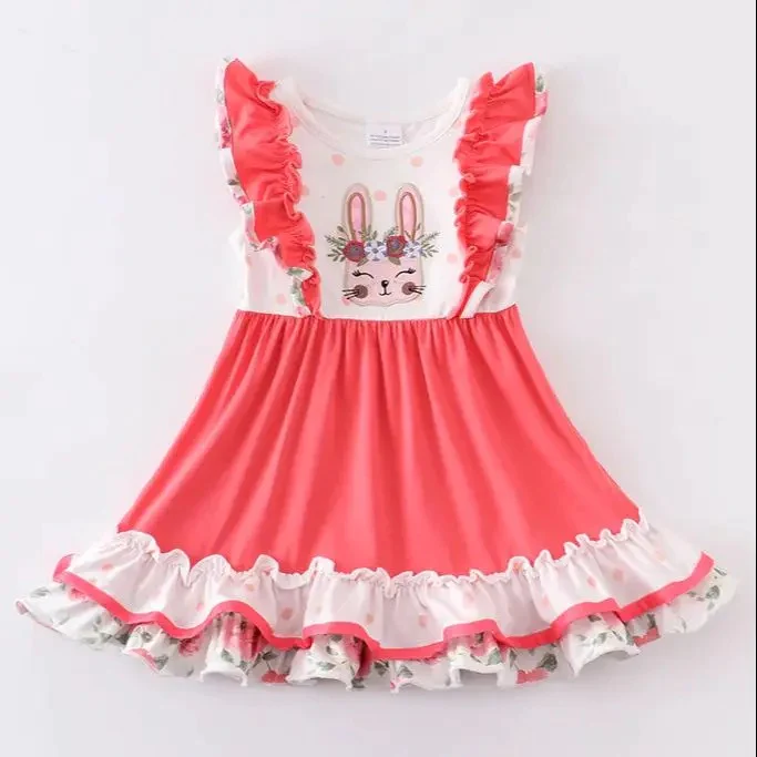 (Custom Design Preorder MOQ 5) Bunny Flowers Print Ruffles Girls Knee Length Easter Dress