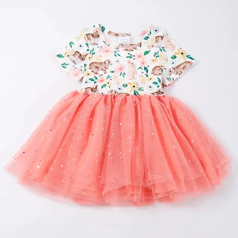 (Custom Design Preorder MOQ 5) Bunny Flowers Print Girls Knee Length Tulle Easter Dress