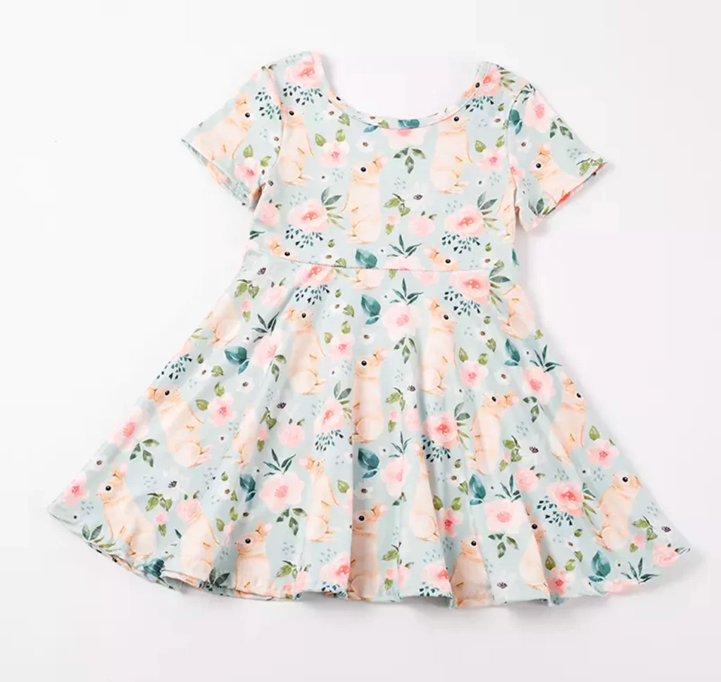 (Custom Design Preorder MOQ 5) Bunny Flowers Print Girls Knee Length Easter Dress