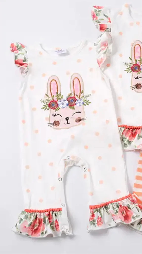(Custom Design Preorder MOQ 5) Bunny Flowers Print Baby Girls Romper