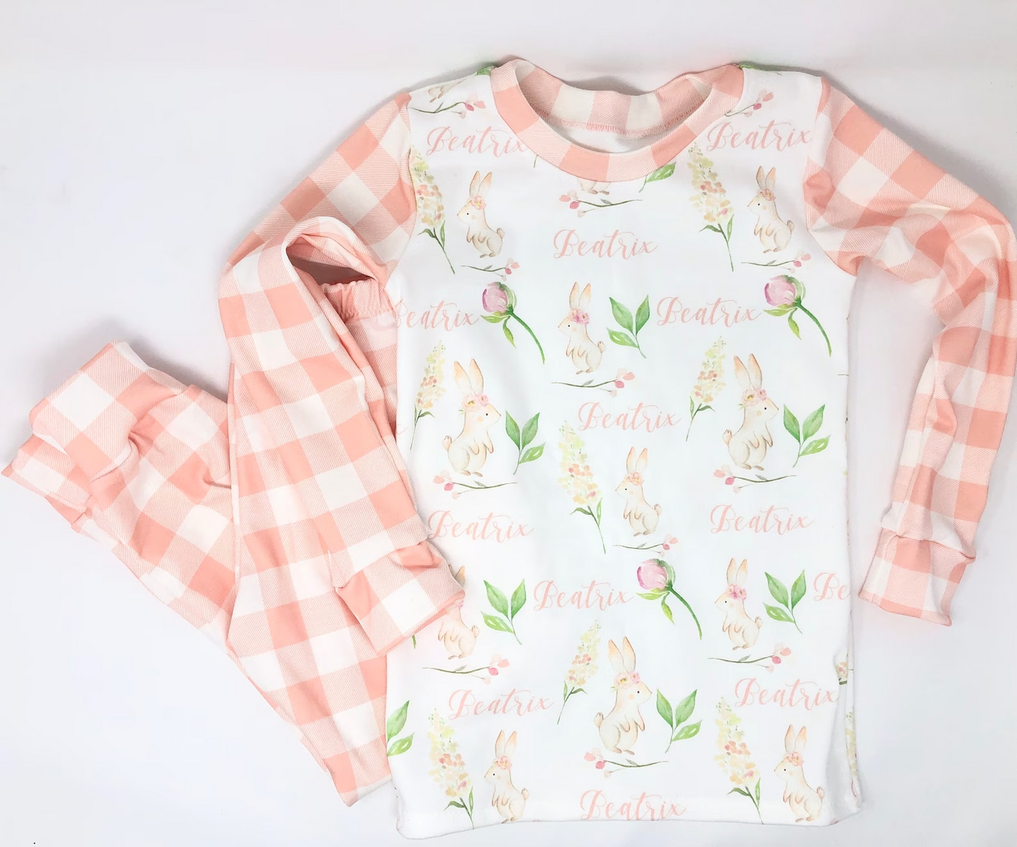 (Custom Design Preorder MOQ 5) Bunny Flowers Pink Plaid Girls Easter Pajamas Clothes Set