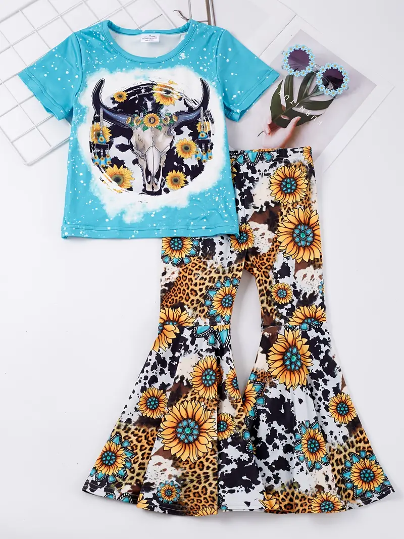 (Custom Design Preorder MOQ 5) Cow Skull Sunflowers Leopard Print Bell Pants Girls Clothes Set