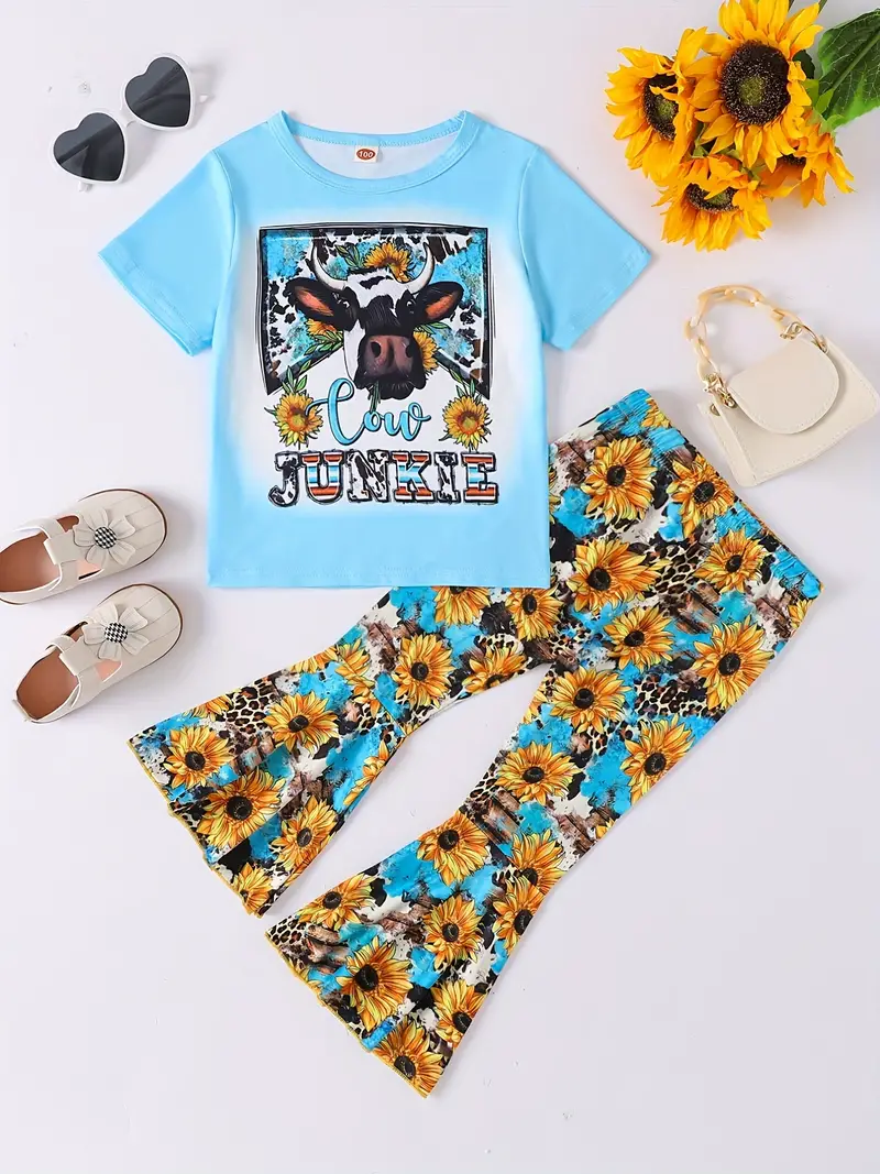 (Custom Design Preorder MOQ 5) Cow Sunflowers Leopard Print Bell Pants Girls Clothes Set