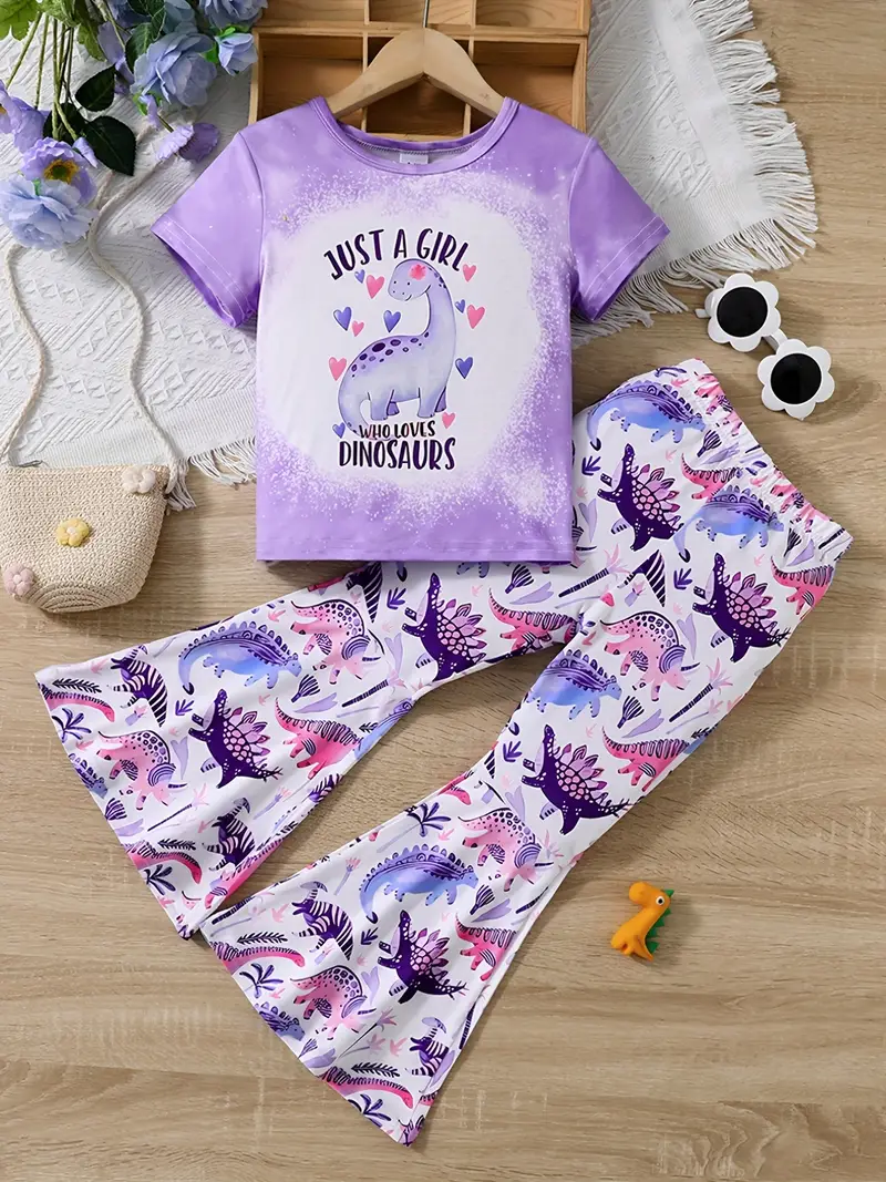 (Custom Design Preorder MOQ 5) Purple Dino Print Bell Pants Girls Clothes Set
