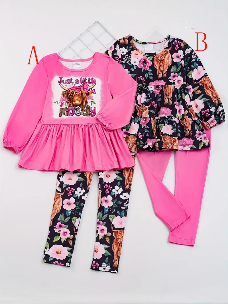 (Custom Design Preorder MOQ 5) #A Just A Little Moody Highland Cow Tunic Top Legging Pants Girls Clothes Set