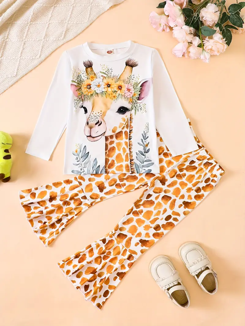 (Custom Design Preorder MOQ 5) Cute Flowers Giraffe Print Bell Pants Girls Clothes Set