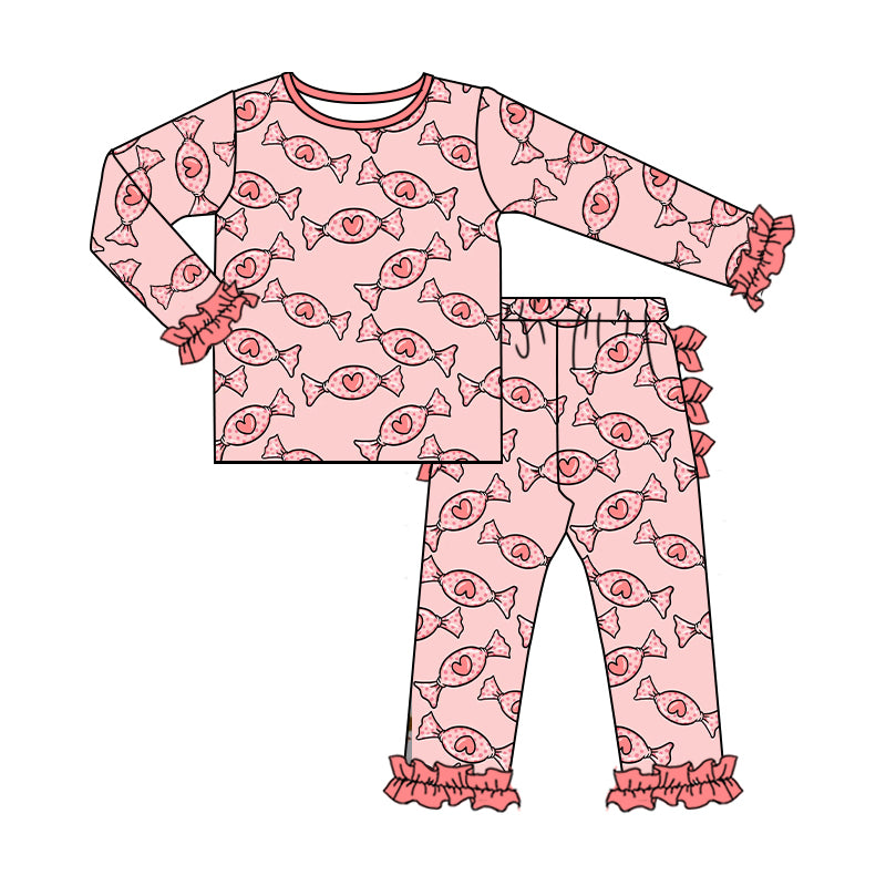 (Custom Design Preorder MOQ 5) Pink Candy Heart Print Girls Valentine's Pajamas Clothes Set
