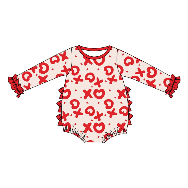 (Custom Design Preorder MOQ 5) Red XO Heart Print Baby Girls Valentine's Bubble Romper