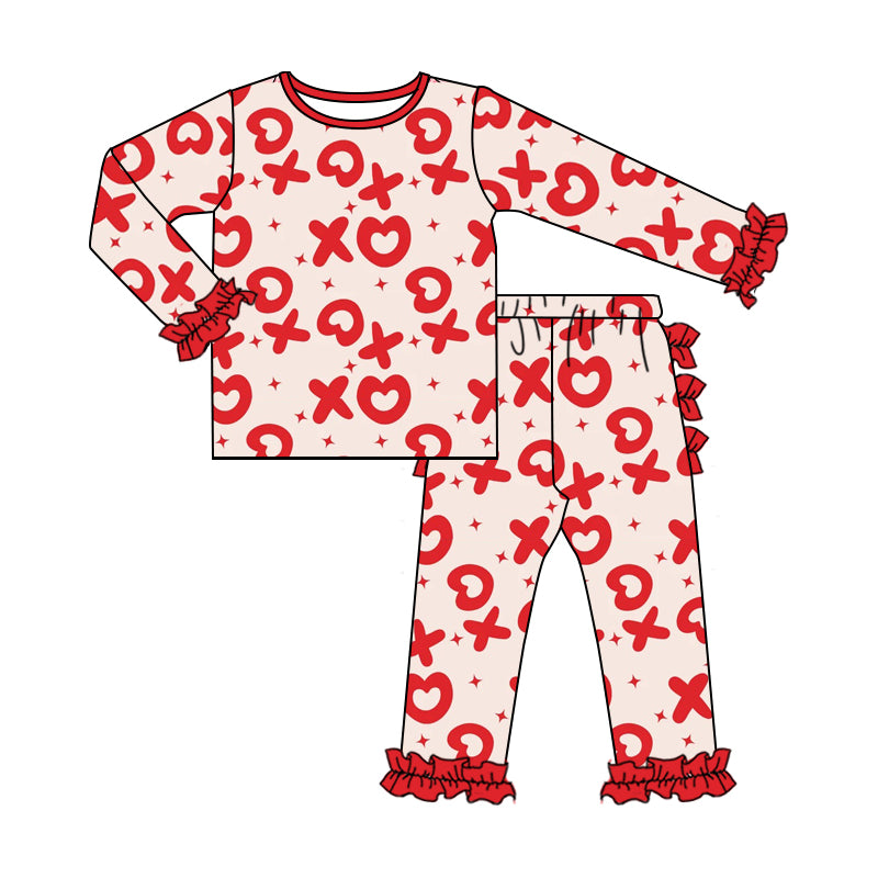 (Custom Design Preorder MOQ 5) Red XO Heart Print Girls Valentine's Pajamas Clothes Set