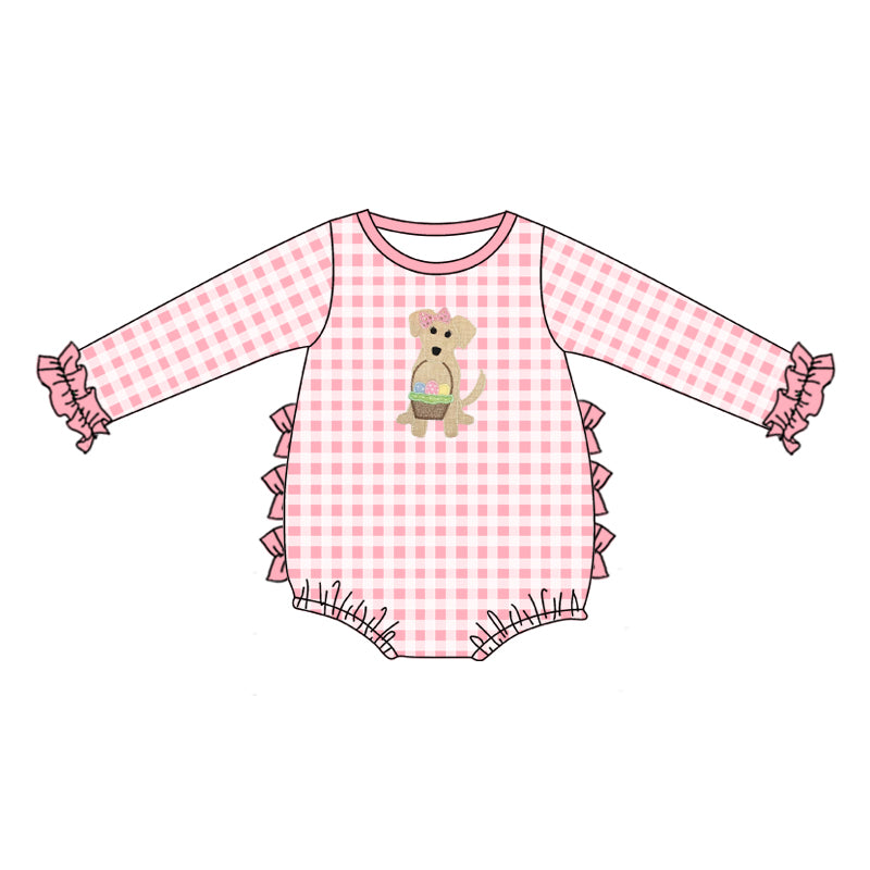 (Custom Design Preorder MOQ 5) Pink Plaid Dog Egg Print Baby Girls Easter Bubble Romper