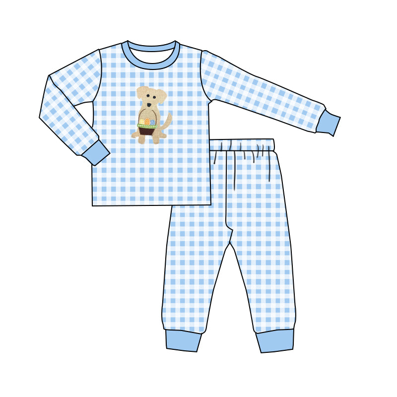 (Custom Design Preorder MOQ 5) Blue Plaid Dog Egg Print Boys Easter Pajamas Clothes Set