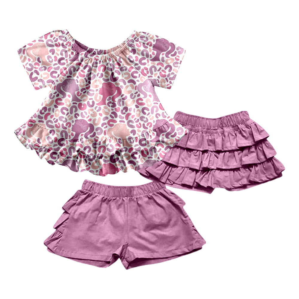 (Custom Design Preorder MOQ 5) Pink BA Leopard Print Girls Ruffles Shorts Clothes Set