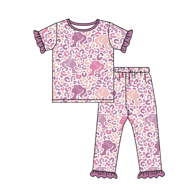 (Custom Design Preorder MOQ 5) Pink BA Leopard Print Girls Pajamas Clothes Set