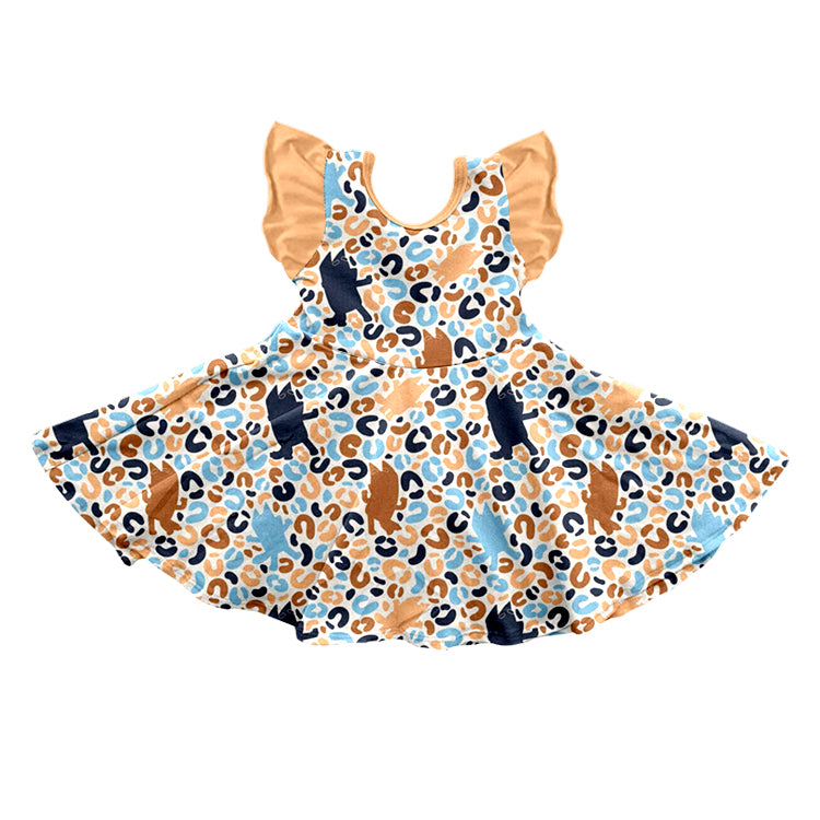 (Custom Design Preorder MOQ 5) Cartoon Dog Leopard Print Girls Knee Length Dress