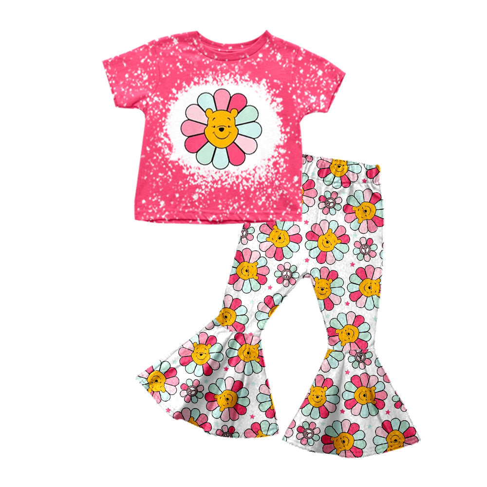 (Custom Design Preorder MOQ 5) Cartoon Bear Smiling Face Flowers Print Girls Clothes Set